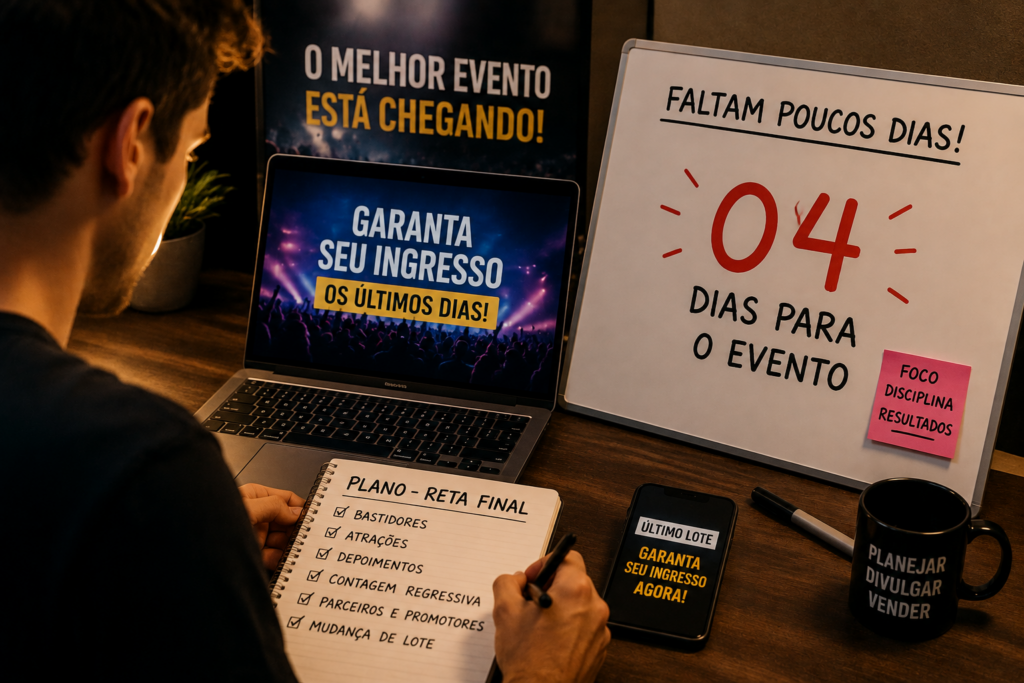 Organizador preparando a divulgação na reta final de um evento para aumentar as vendas de ingressos nos últimos dias.