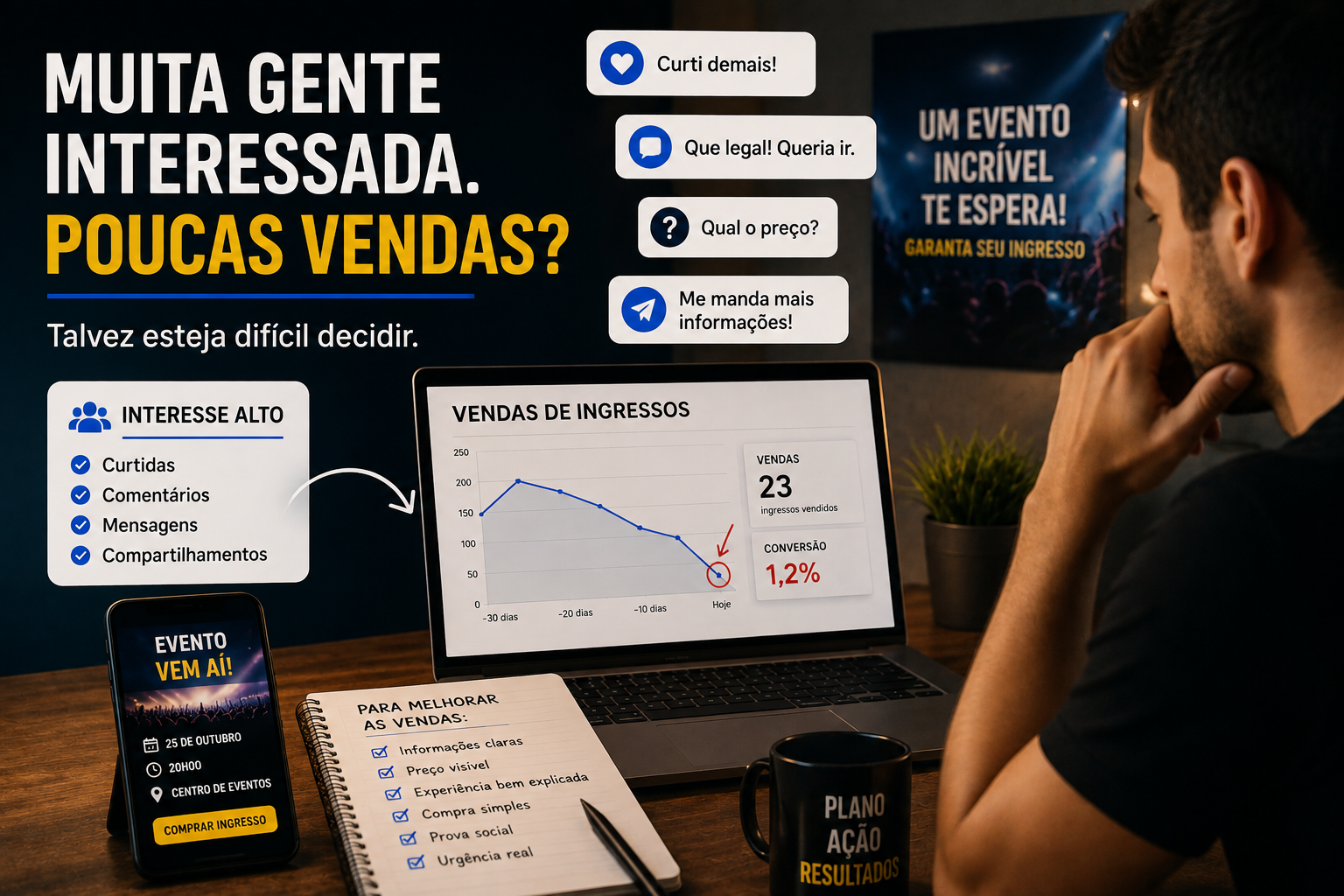 Pessoas demonstrando interesse em um evento enquanto o organizador analisa como transformar esse interesse em vendas de ingressos.
