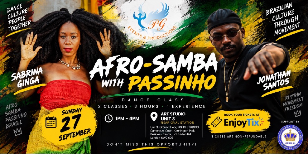 Cartaz do workshop Afro-Samba & Passinho com Sabrina Ginga e Jonathan Santos em Londres